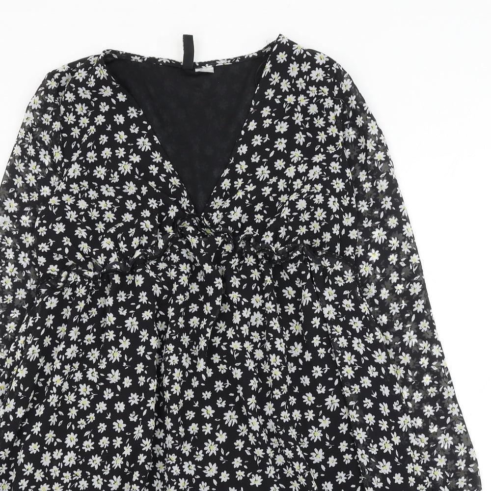 H&M Womens Black Floral Polyester Skater Dress Size XS V-Neck Pullover