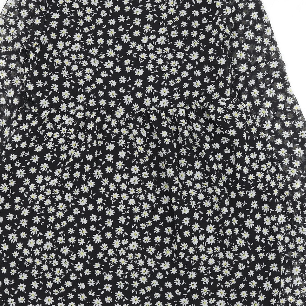 H&M Womens Black Floral Polyester Skater Dress Size XS V-Neck Pullover