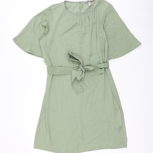 H&M Womens Green Polyester Shift Size S Round Neck Button