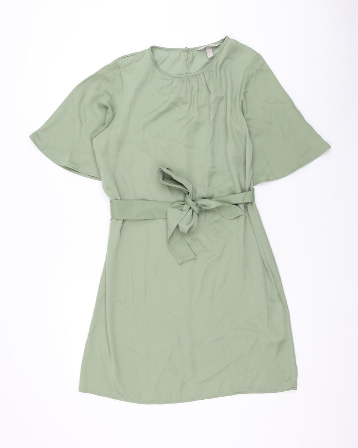 H&M Womens Green Polyester Shift Size S Round Neck Button