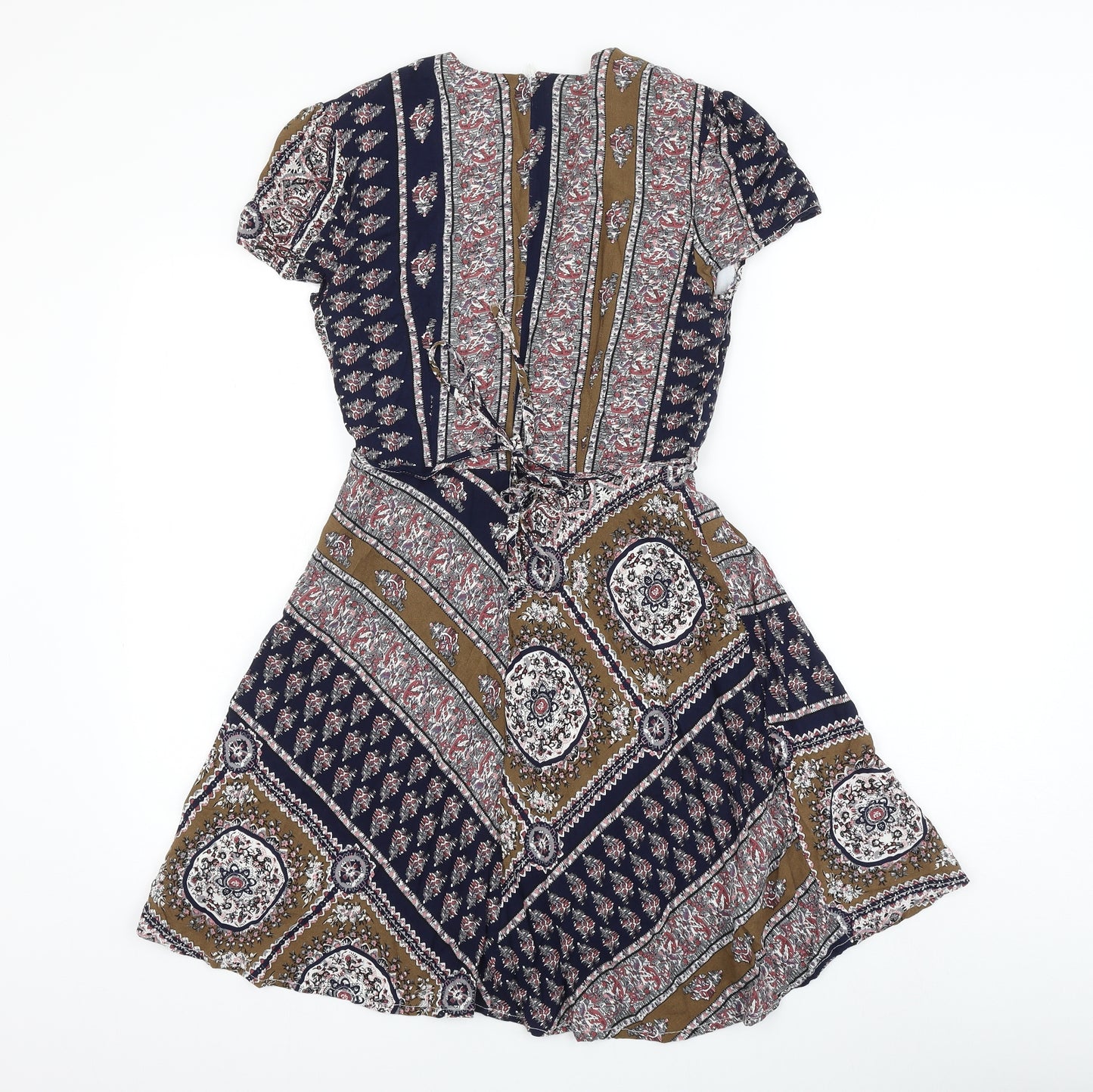 Glamorous Womens Multicoloured Geometric Viscose Skater Dress Size S V-Neck Zip