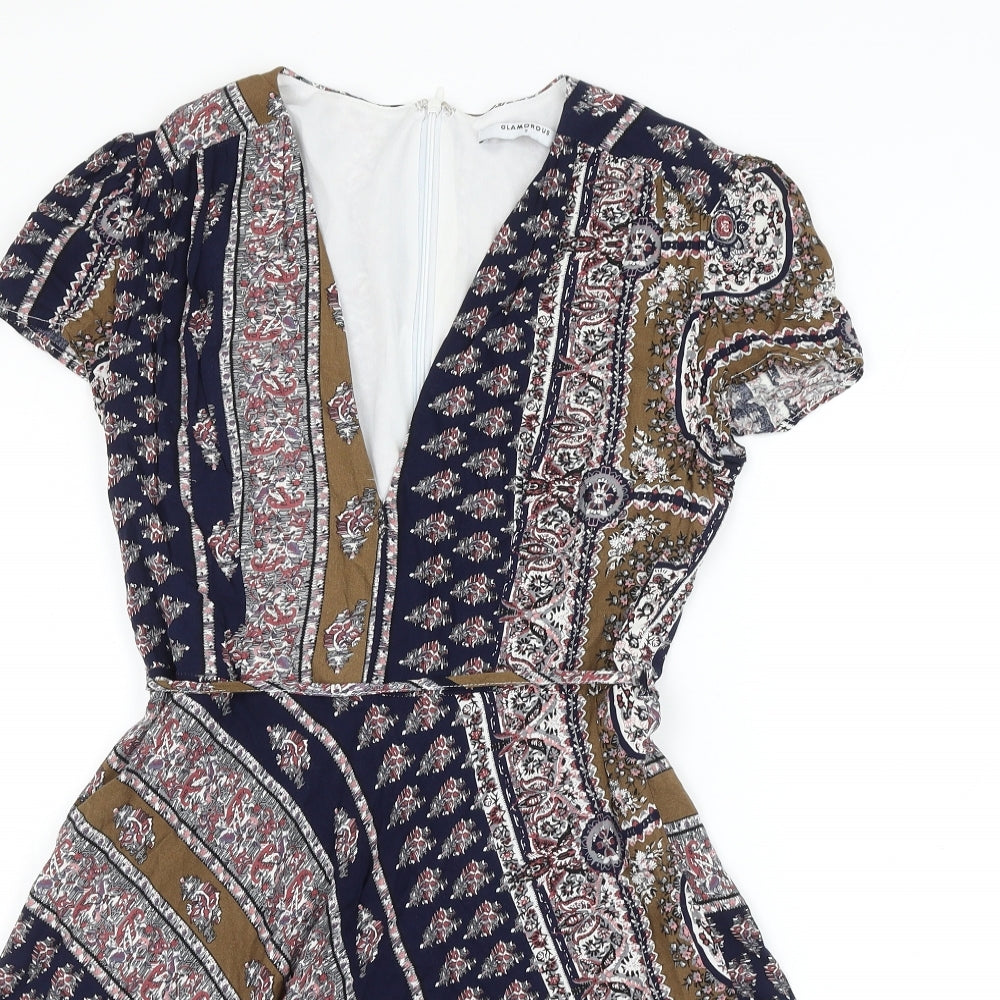 Glamorous Womens Multicoloured Geometric Viscose Skater Dress Size S V-Neck Zip