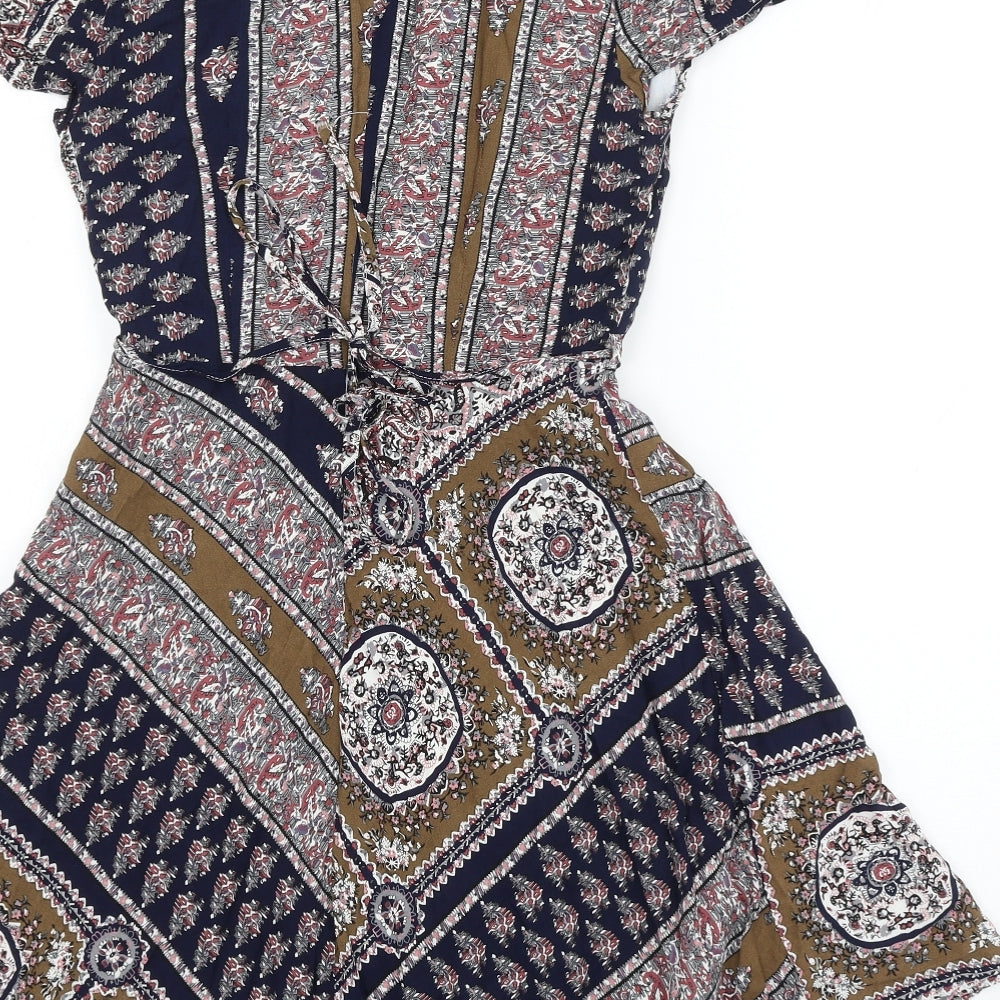 Glamorous Womens Multicoloured Geometric Viscose Skater Dress Size S V-Neck Zip