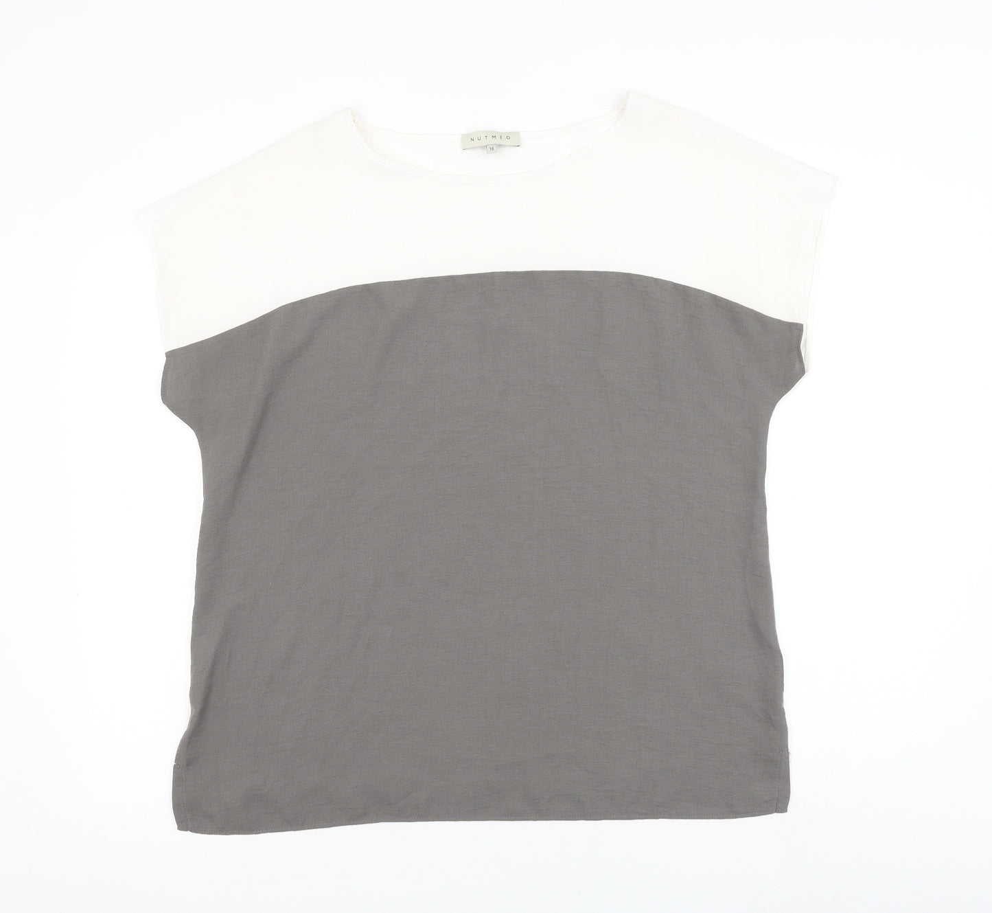 Nutmeg Womens White Colourblock Viscose Basic Blouse Size 10 Round Neck