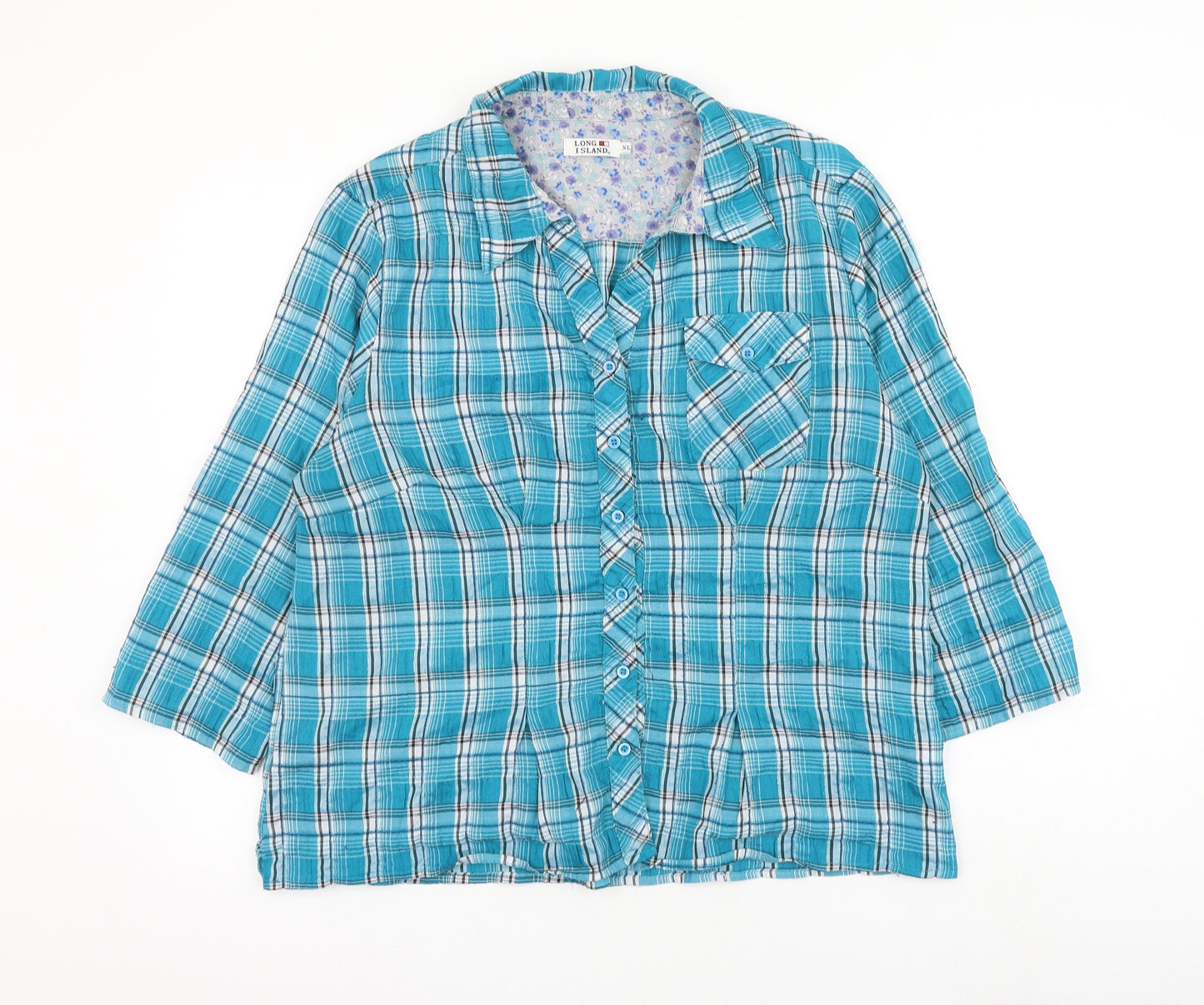 Long Island Womens Blue Plaid Cotton Basic Button-Up Size XL Collared