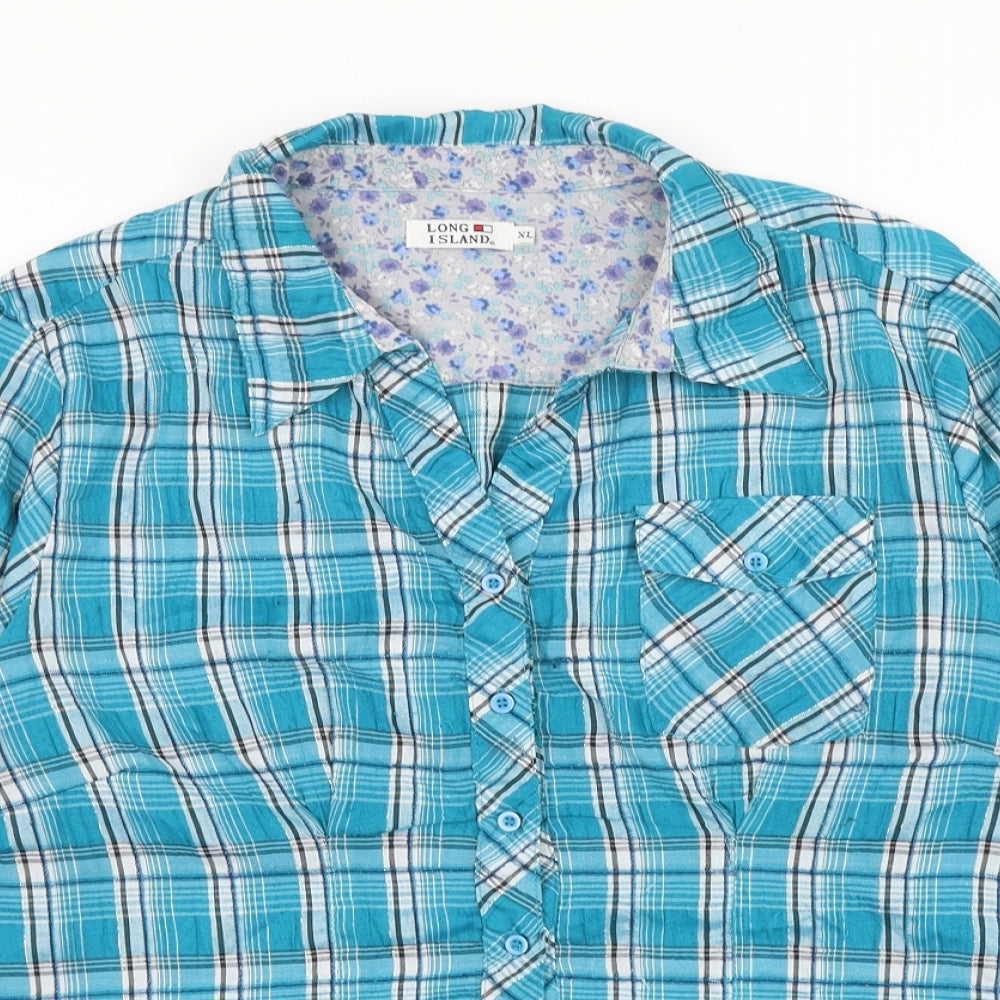 Long Island Womens Blue Plaid Cotton Basic Button-Up Size XL Collared