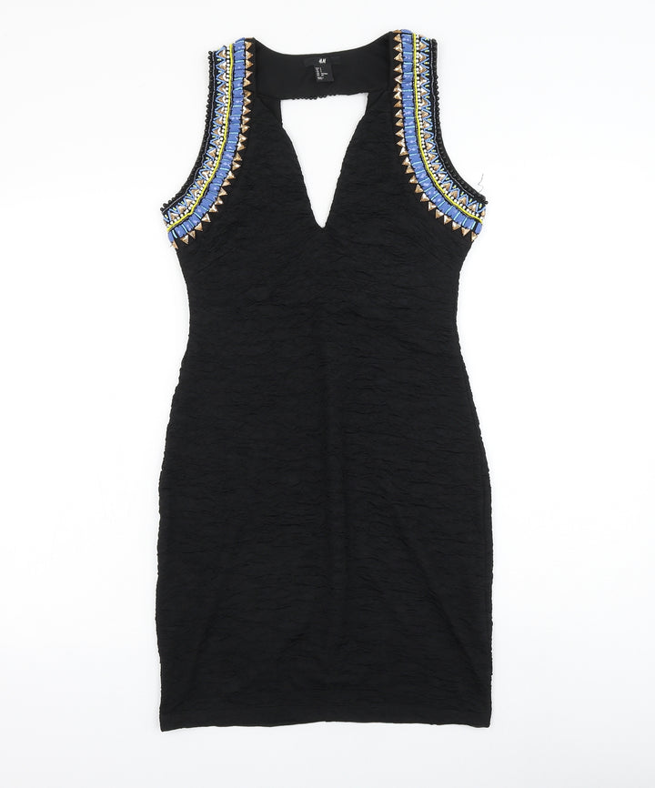H&M Womens Black Polyester Pencil Dress Size S V-Neck Pullover
