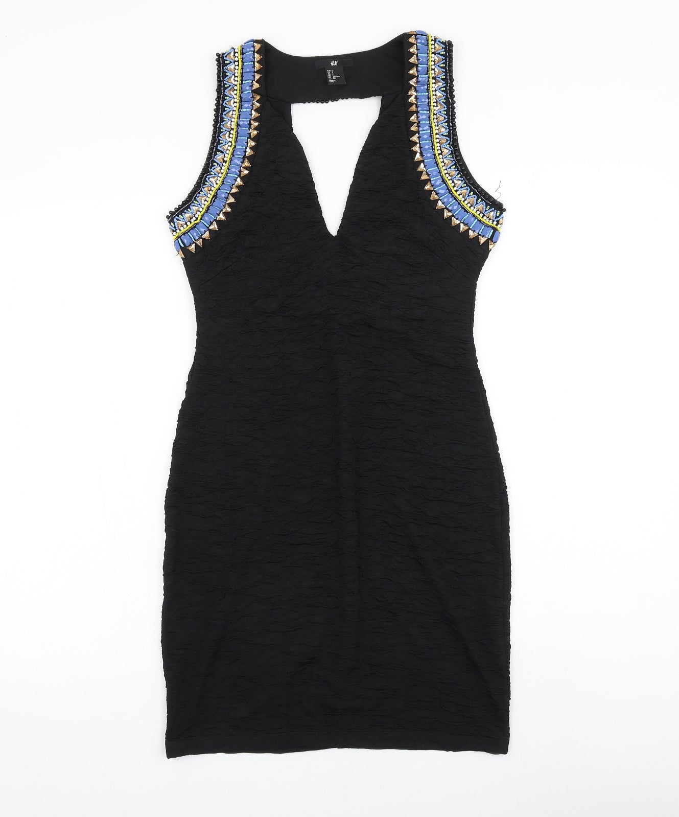 H&M Womens Black Polyester Pencil Dress Size S V-Neck Pullover