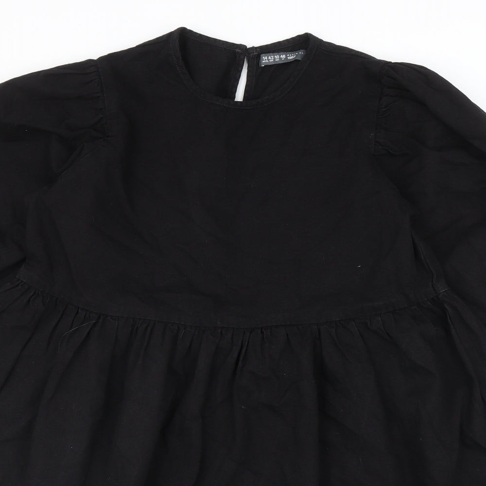 Denim & Co. Womens Black Cotton Fit & Flare Size 14 Round Neck Button
