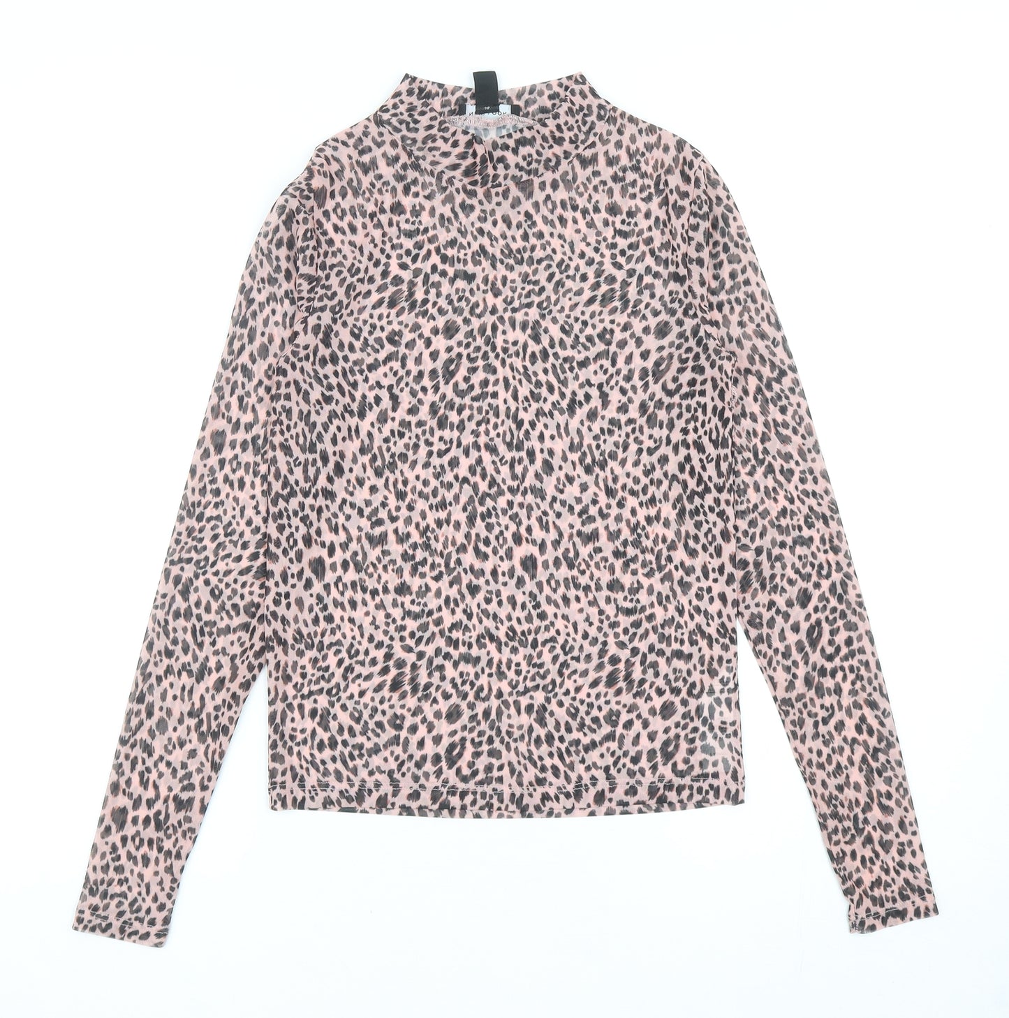 New Look Womens Pink Animal Print Polyester Basic T-Shirt Size 6 Mock Neck - Leopard Print