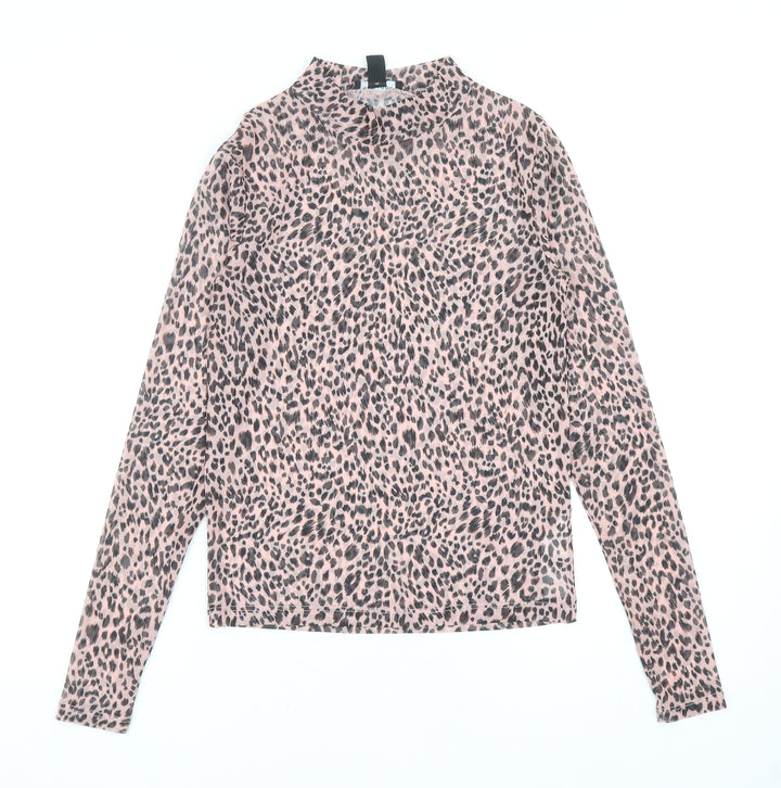 New Look Womens Pink Animal Print Polyester Basic T-Shirt Size 6 Mock Neck - Leopard Print