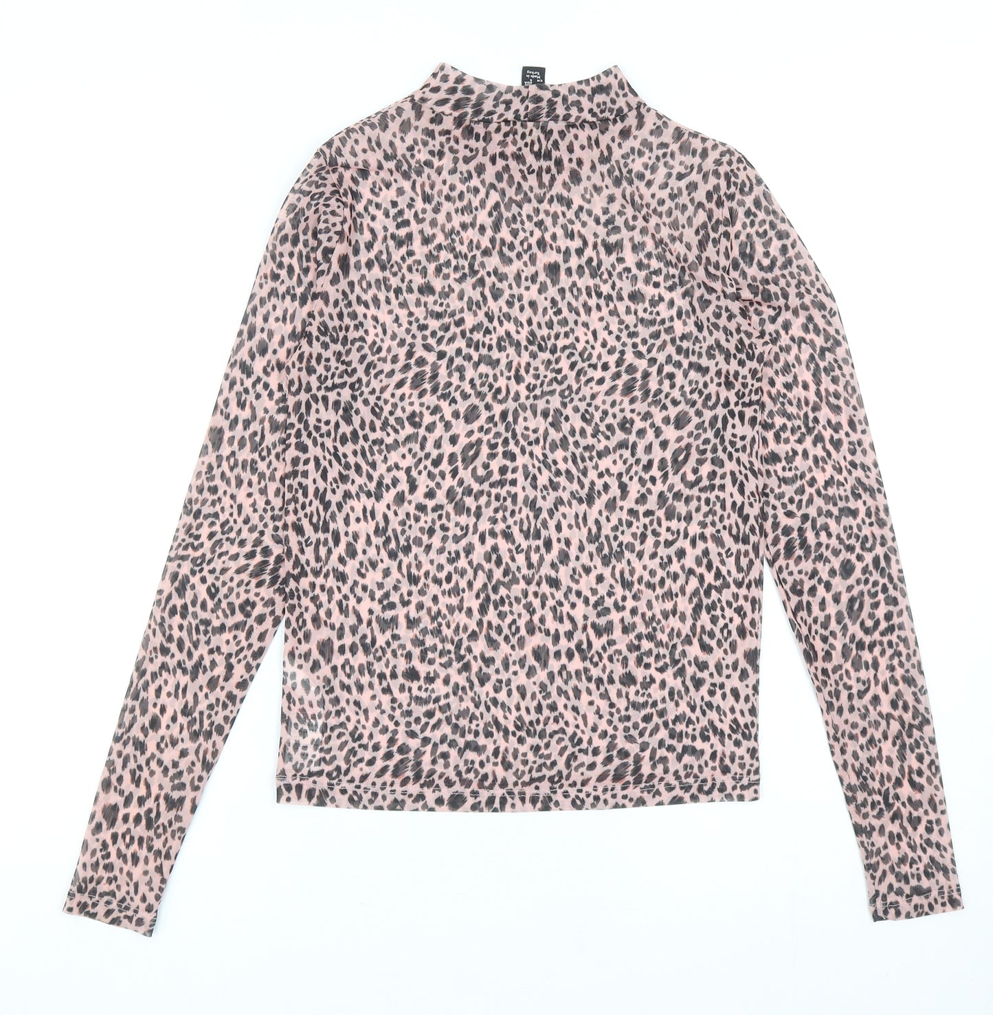 New Look Womens Pink Animal Print Polyester Basic T-Shirt Size 6 Mock Neck - Leopard Print