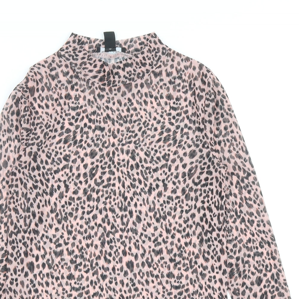 New Look Womens Pink Animal Print Polyester Basic T-Shirt Size 6 Mock Neck - Leopard Print