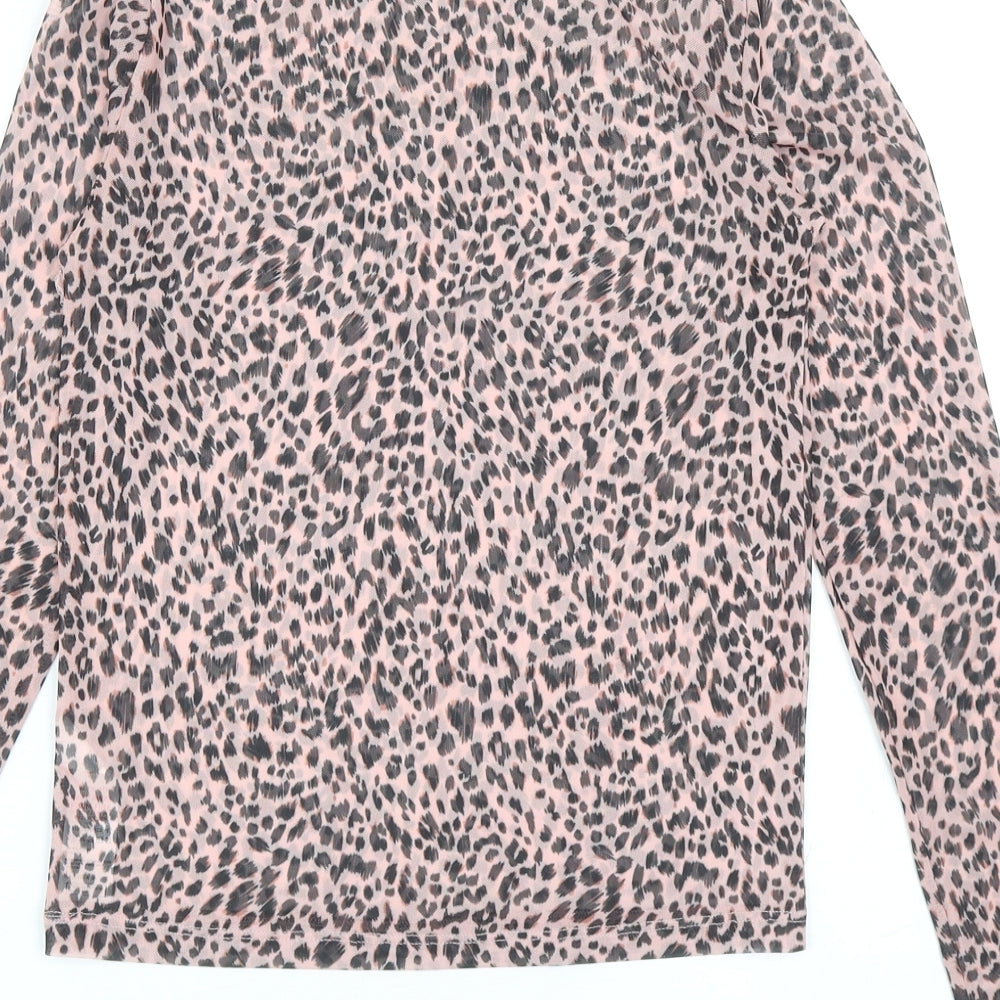 New Look Womens Pink Animal Print Polyester Basic T-Shirt Size 6 Mock Neck - Leopard Print