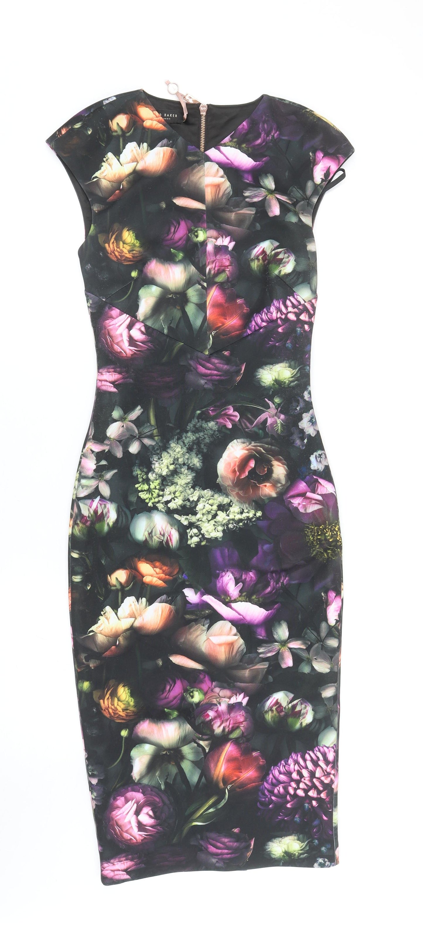 Ted Baker Womens Multicoloured Floral Polyester Pencil Dress Size S V-Neck Zip - Ted Baker Size 0