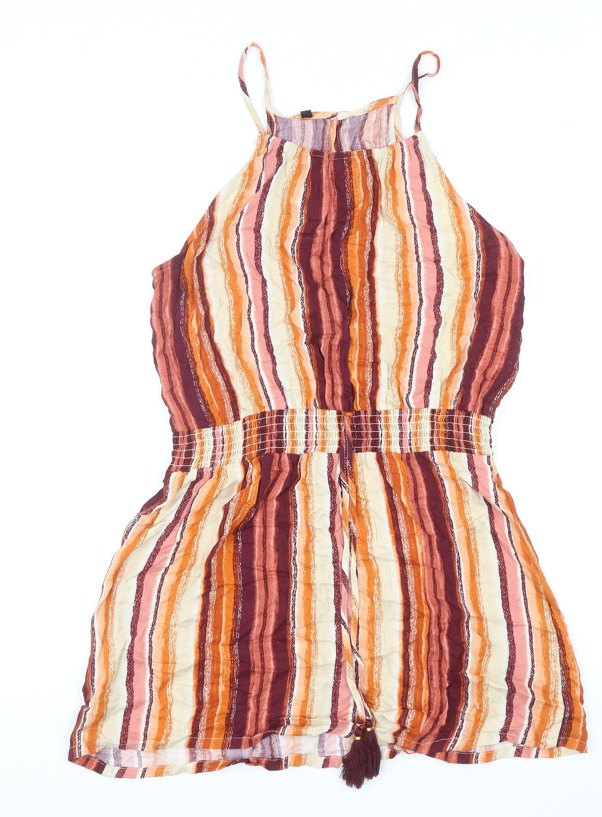 Preworn Womens Orange Striped Polyester Tank Dress Size M Square Neck Button - Elastic Waist