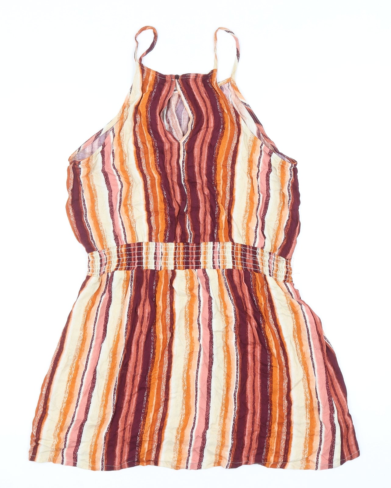Preworn Womens Orange Striped Polyester Tank Dress Size M Square Neck Button - Elastic Waist