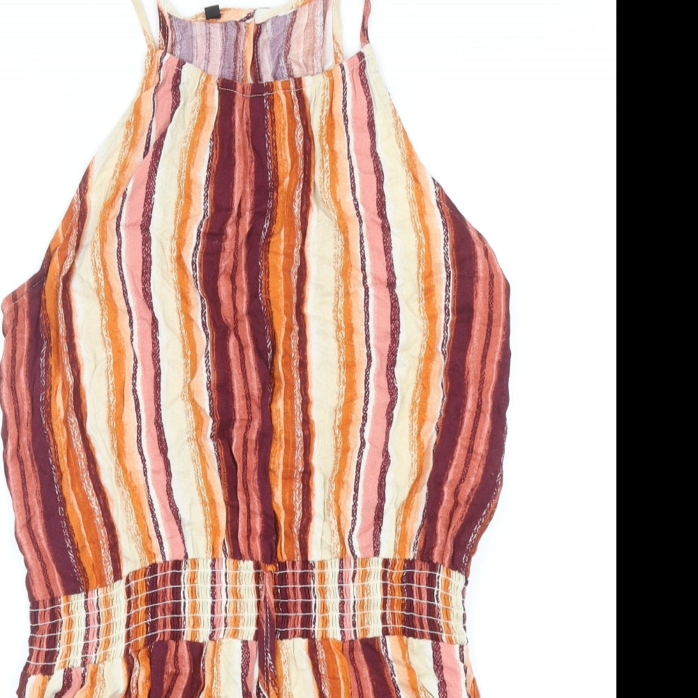 Preworn Womens Orange Striped Polyester Tank Dress Size M Square Neck Button - Elastic Waist