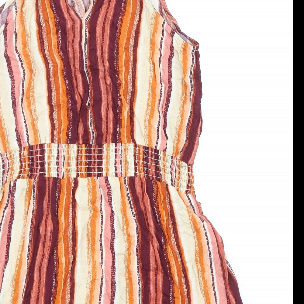 Preworn Womens Orange Striped Polyester Tank Dress Size M Square Neck Button - Elastic Waist