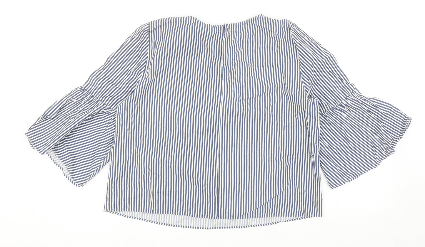 Zara Womens Blue Striped Cotton Basic Blouse Size L Boat Neck