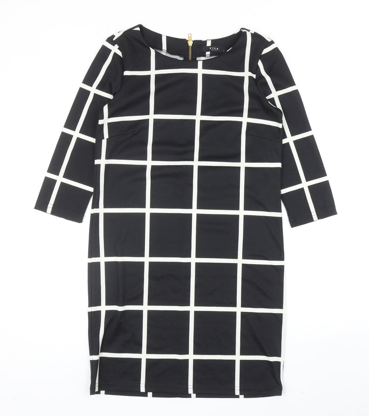 Villa Womens Black Check Polyester Shift Size S Boat Neck Zip