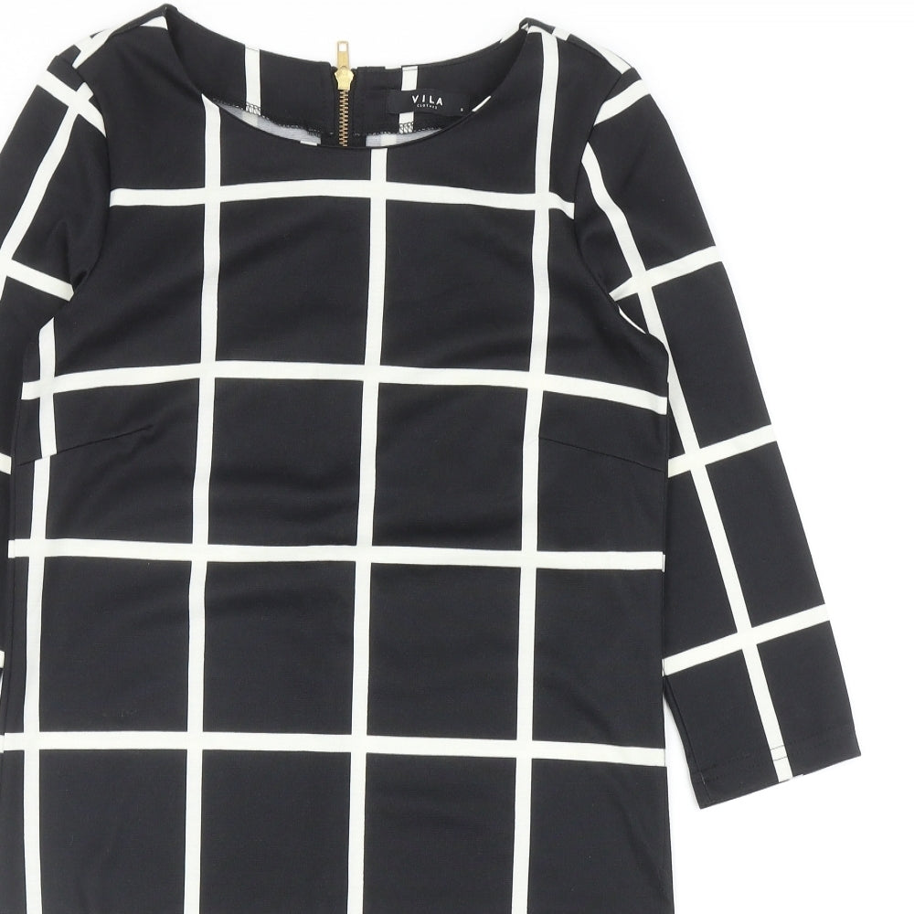 Villa Womens Black Check Polyester Shift Size S Boat Neck Zip