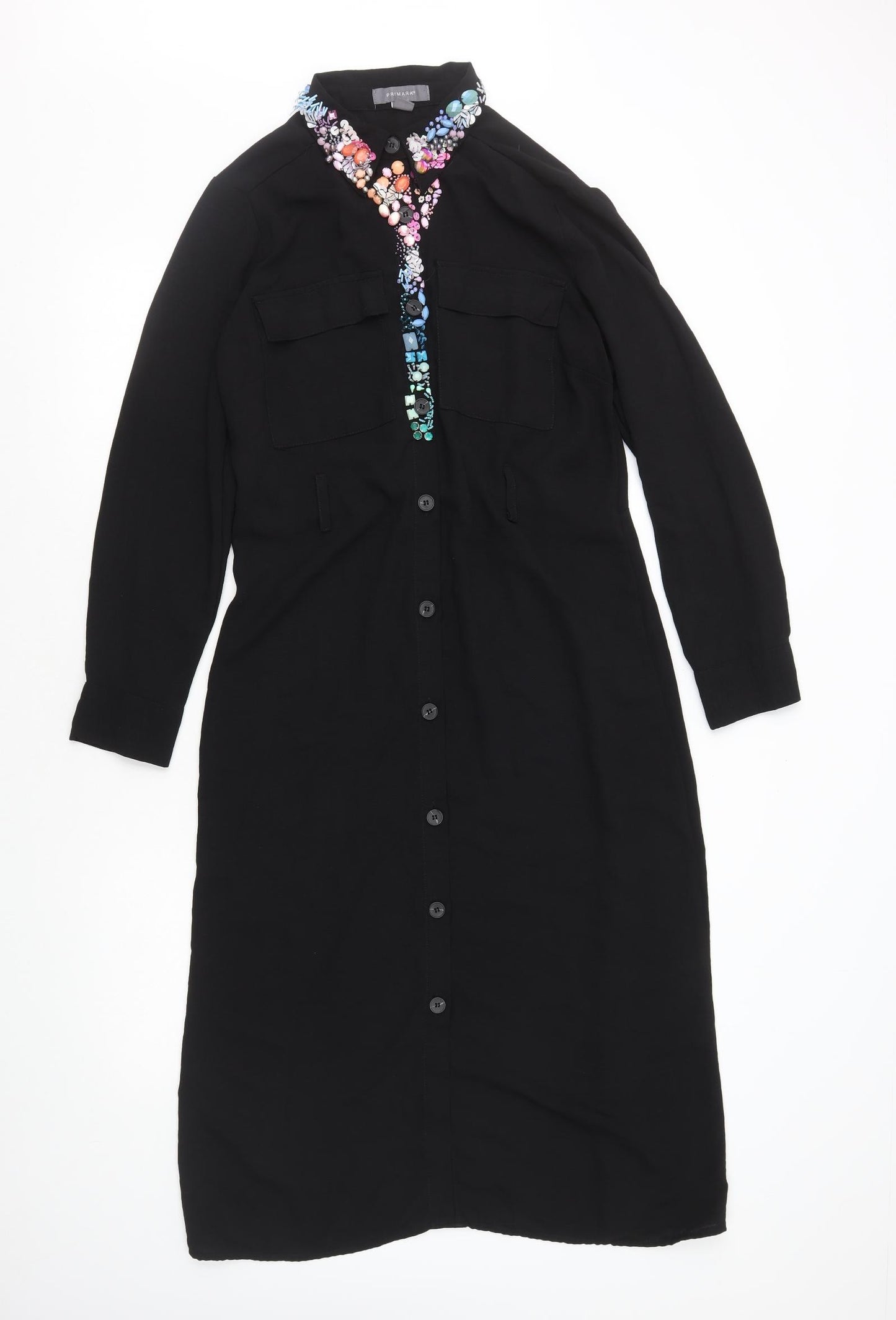 Primark Womens Black Viscose Shirt Dress Size 12 Collared Button