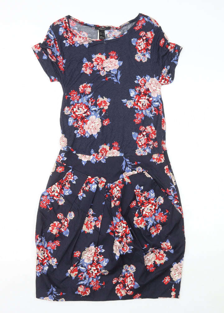 Mango Womens Blue Floral Polyester Pencil Dress Size M Boat Neck Zip