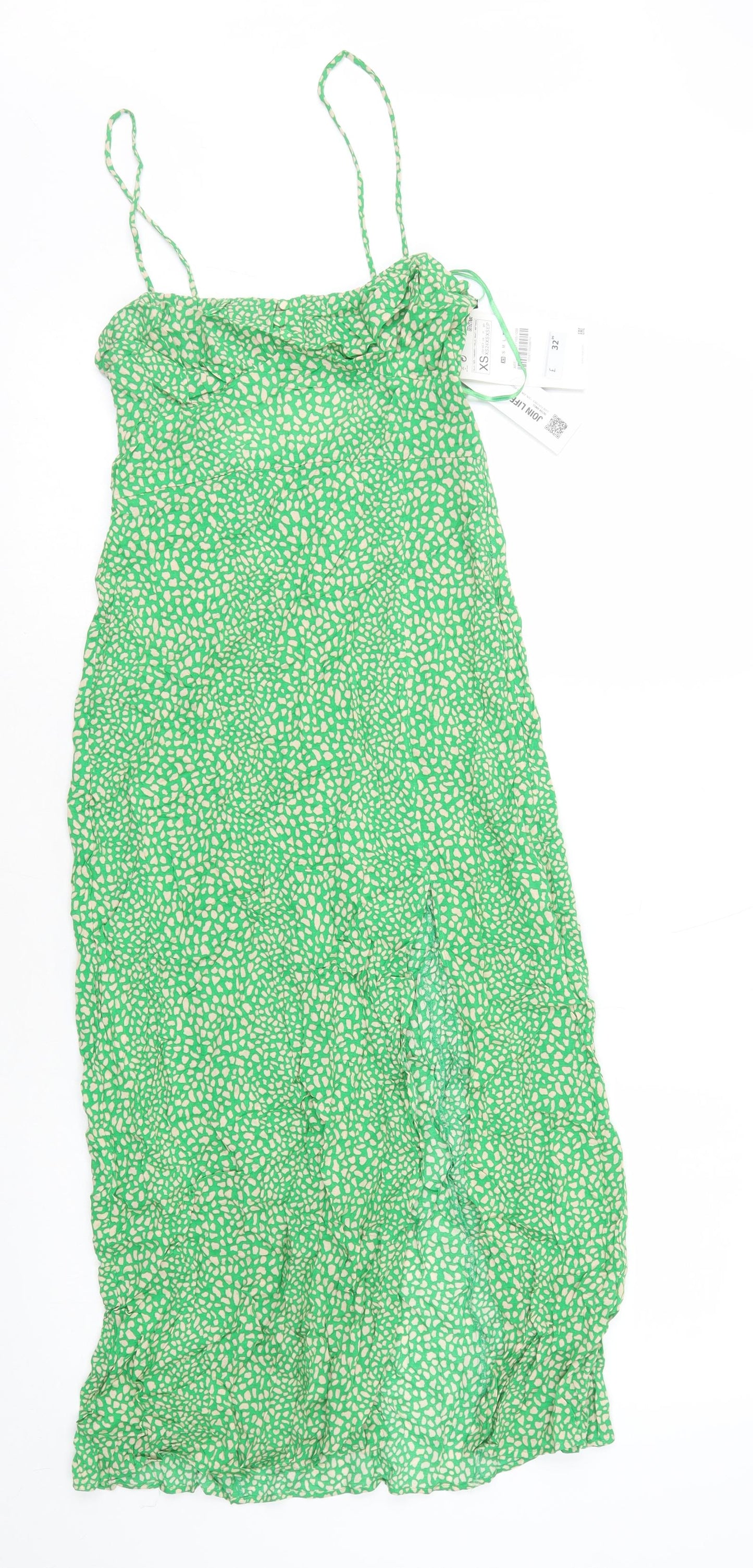 Zara Womens Green Geometric Viscose Slip Dress Size XS Square Neck Zip - Tie Back Detail