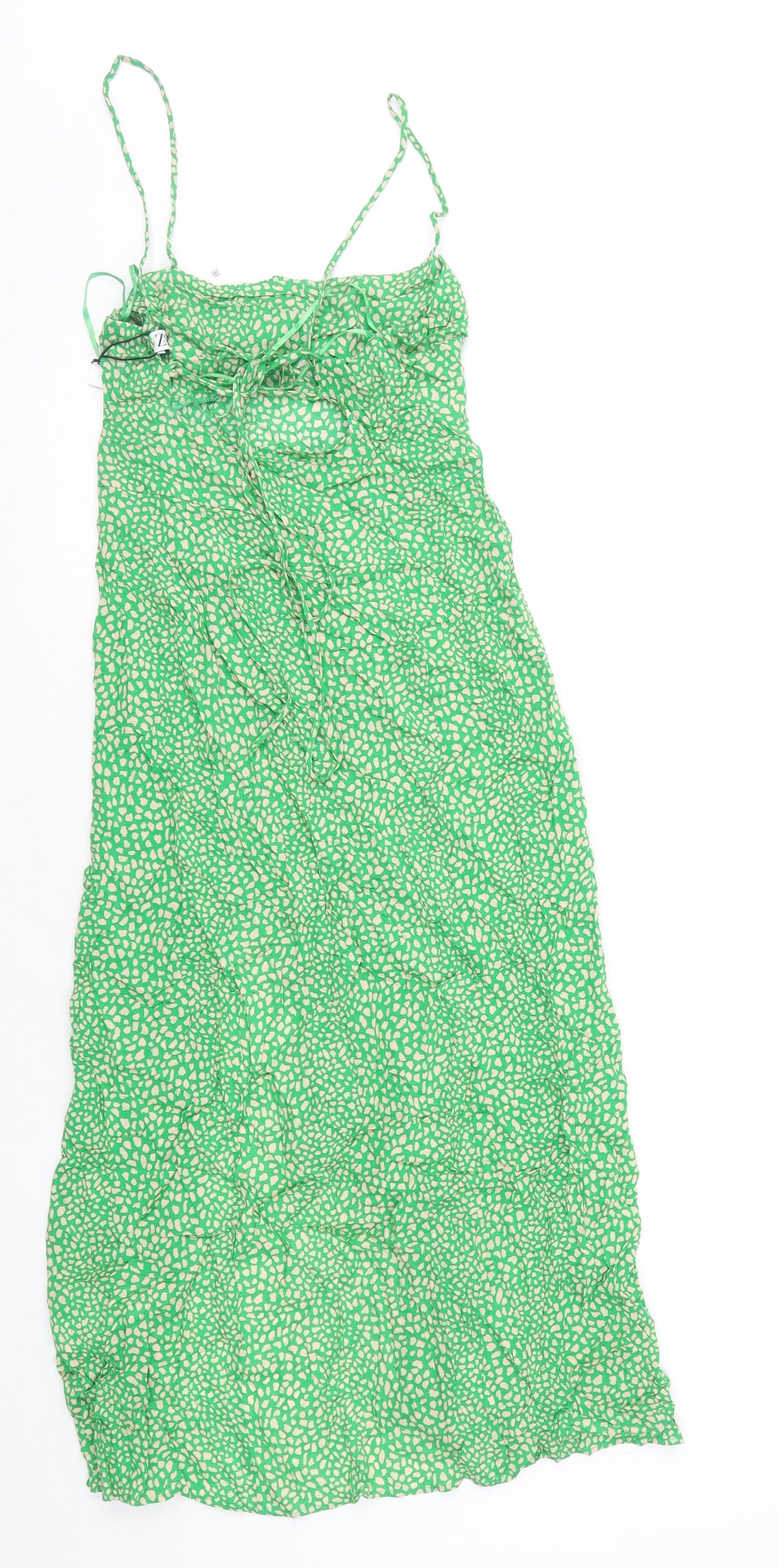 Zara Womens Green Geometric Viscose Slip Dress Size XS Square Neck Zip - Tie Back Detail