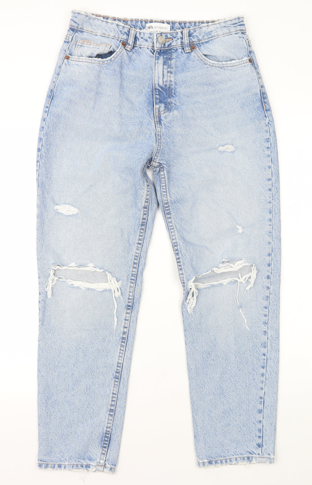 Zara Womens Blue Cotton Tapered Jeans Size 10 L27 in Regular Zip