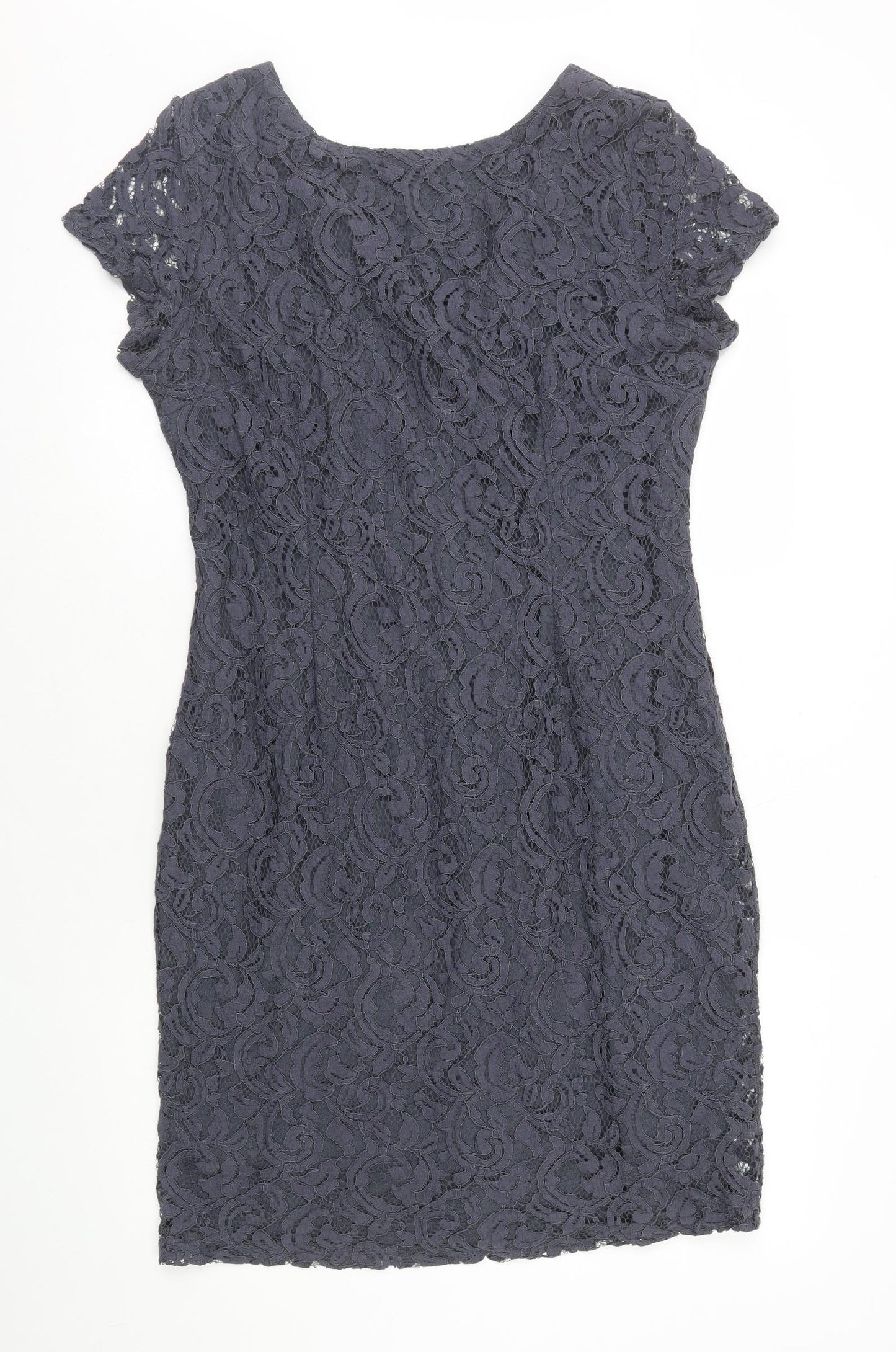 Roman Womens Grey Cotton Pencil Dress Size 18 Round Neck Zip - Lace Overlay