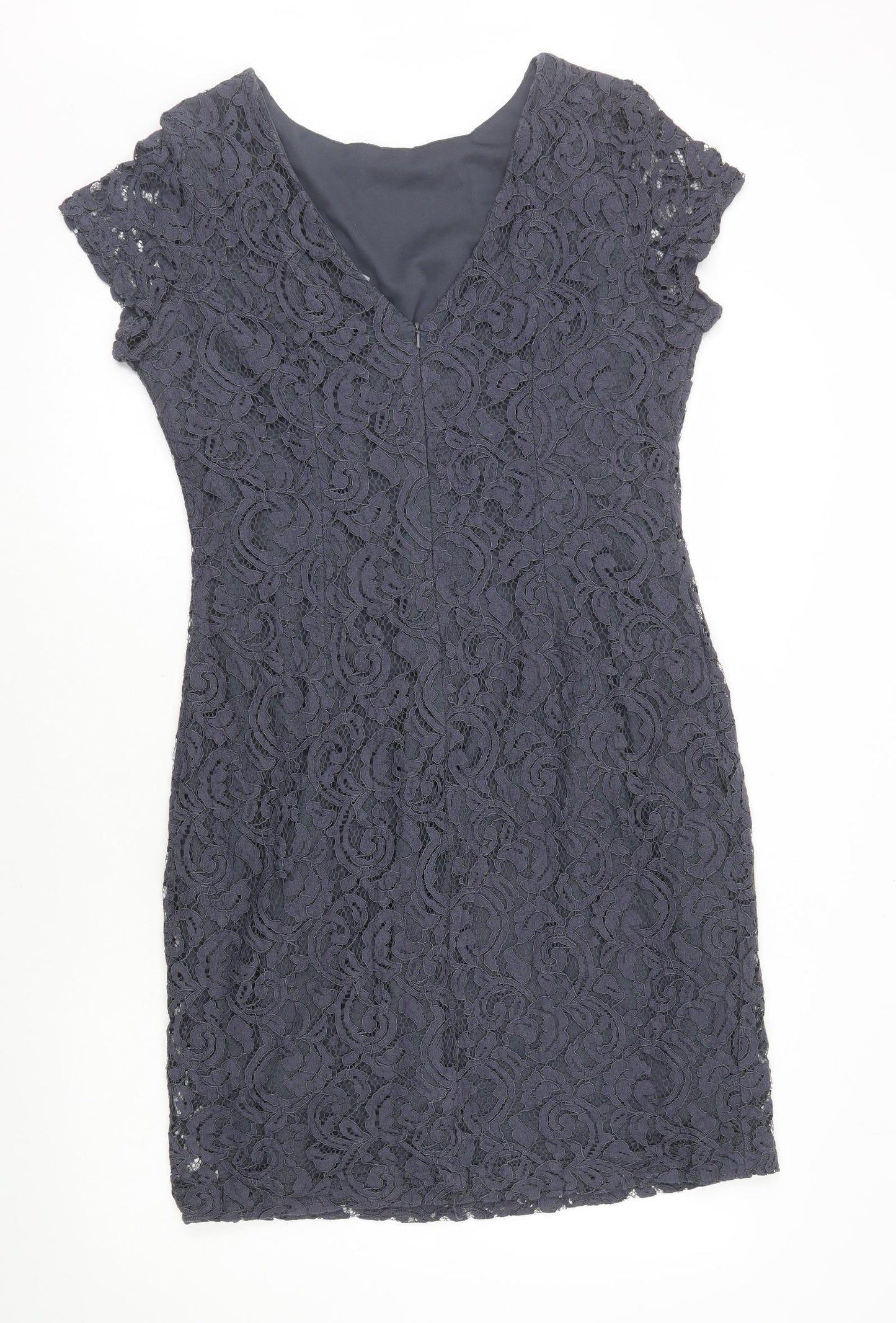 Roman Womens Grey Cotton Pencil Dress Size 18 Round Neck Zip - Lace Overlay