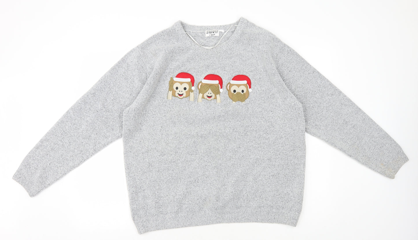 Bravado Womens Grey Crew Neck Acrylic Pullover Jumper Size L - Christmas Monkeys