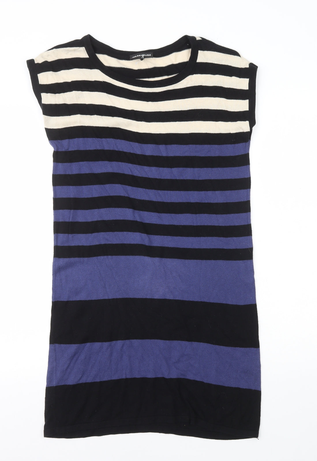 Warehouse Womens Blue Striped 100% Cotton Bodycon Size 8 Round Neck Pullover