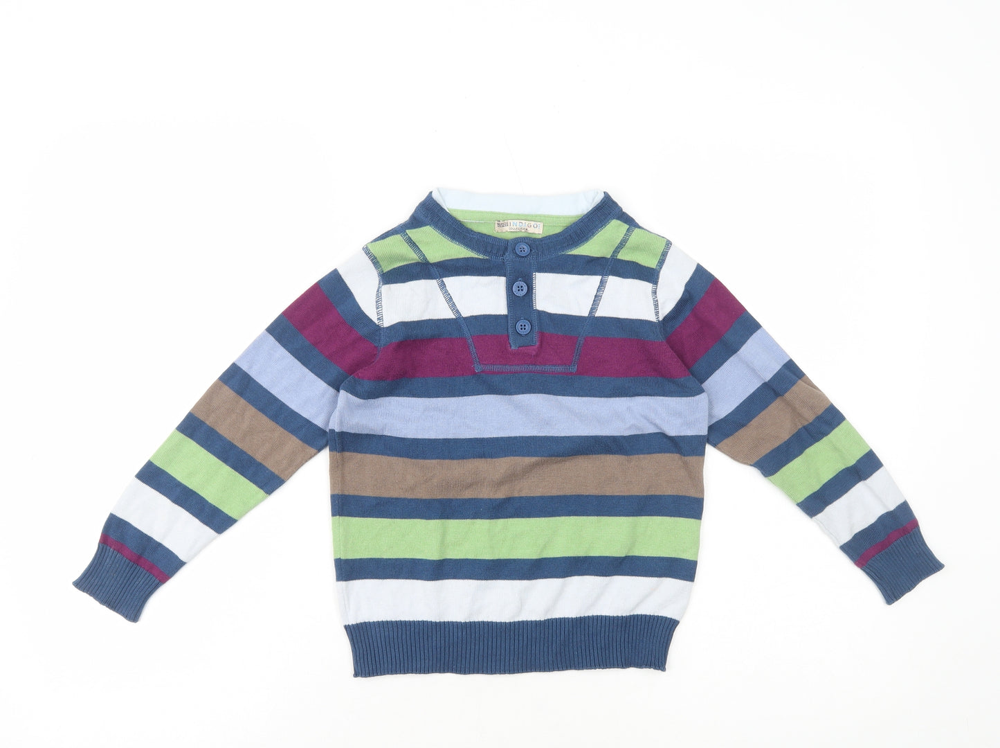 Indigo Boys Multicoloured Round Neck Striped 100% Cotton Pullover Jumper Size 5-6 Years Pullover
