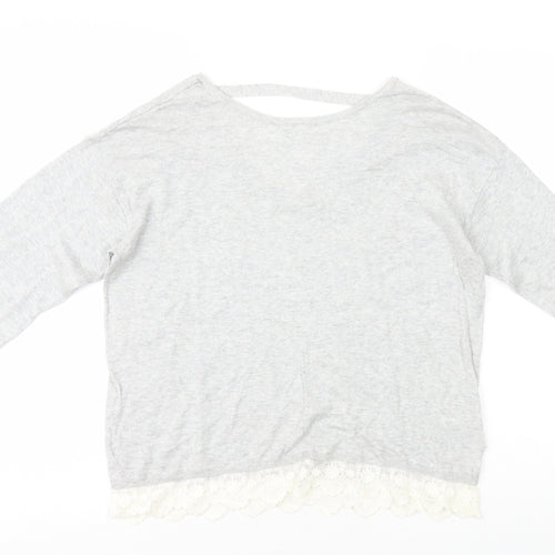 H&M Girls Grey Cotton Basic T-Shirt Size 14 Years Round Neck Pullover - Lace Trim
