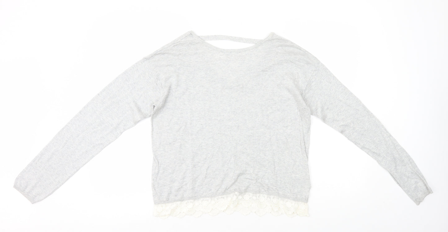 H&M Girls Grey Cotton Basic T-Shirt Size 14 Years Round Neck Pullover - Lace Trim