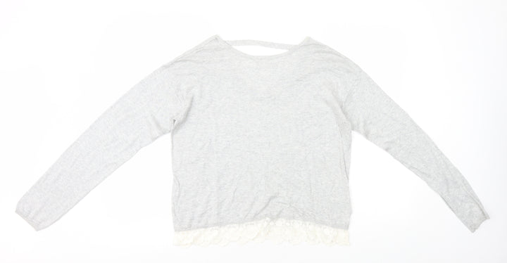 H&M Girls Grey Cotton Basic T-Shirt Size 14 Years Round Neck Pullover - Lace Trim
