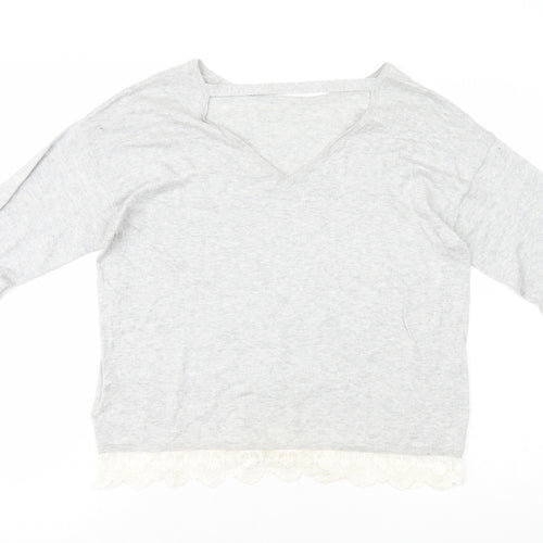 H&M Girls Grey Cotton Basic T-Shirt Size 14 Years Round Neck Pullover - Lace Trim
