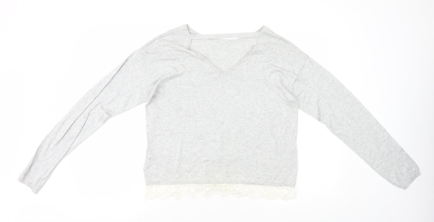 H&M Girls Grey Cotton Basic T-Shirt Size 14 Years Round Neck Pullover - Lace Trim