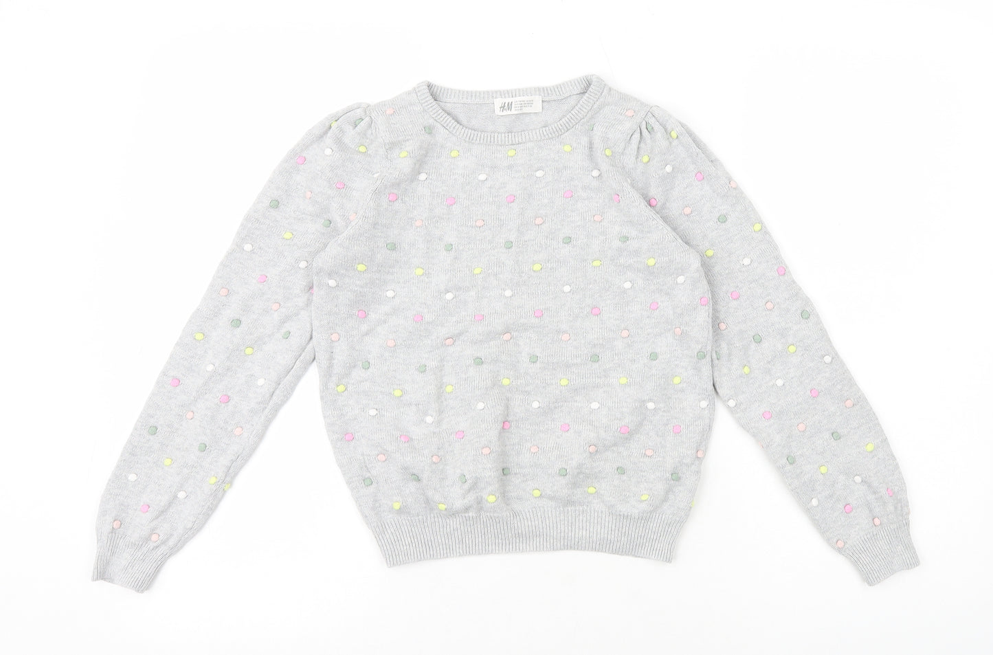 H&M Girls Grey Round Neck Polka Dot 100% Cotton Pullover Jumper Size 8-9 Years Pullover
