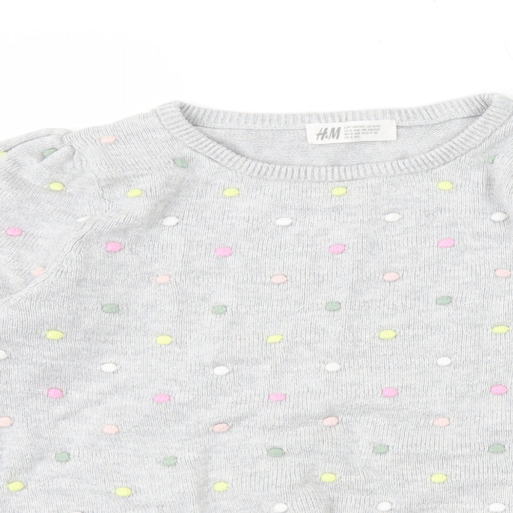 H&M Girls Grey Round Neck Polka Dot 100% Cotton Pullover Jumper Size 8-9 Years Pullover