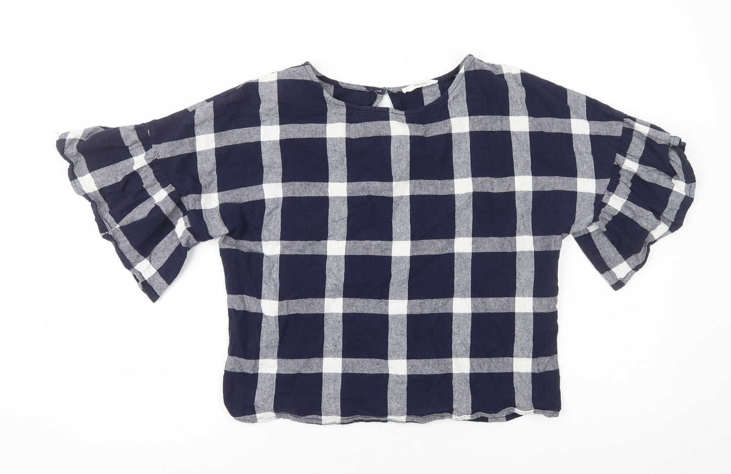 Mango Womens Blue Plaid Viscose Basic T-Shirt Size M Round Neck