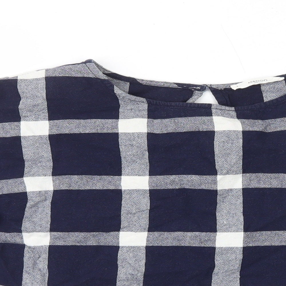Mango Womens Blue Plaid Viscose Basic T-Shirt Size M Round Neck