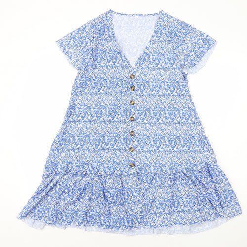 Preworn Womens Blue Geometric Polyester A-Line Size M V-Neck Button