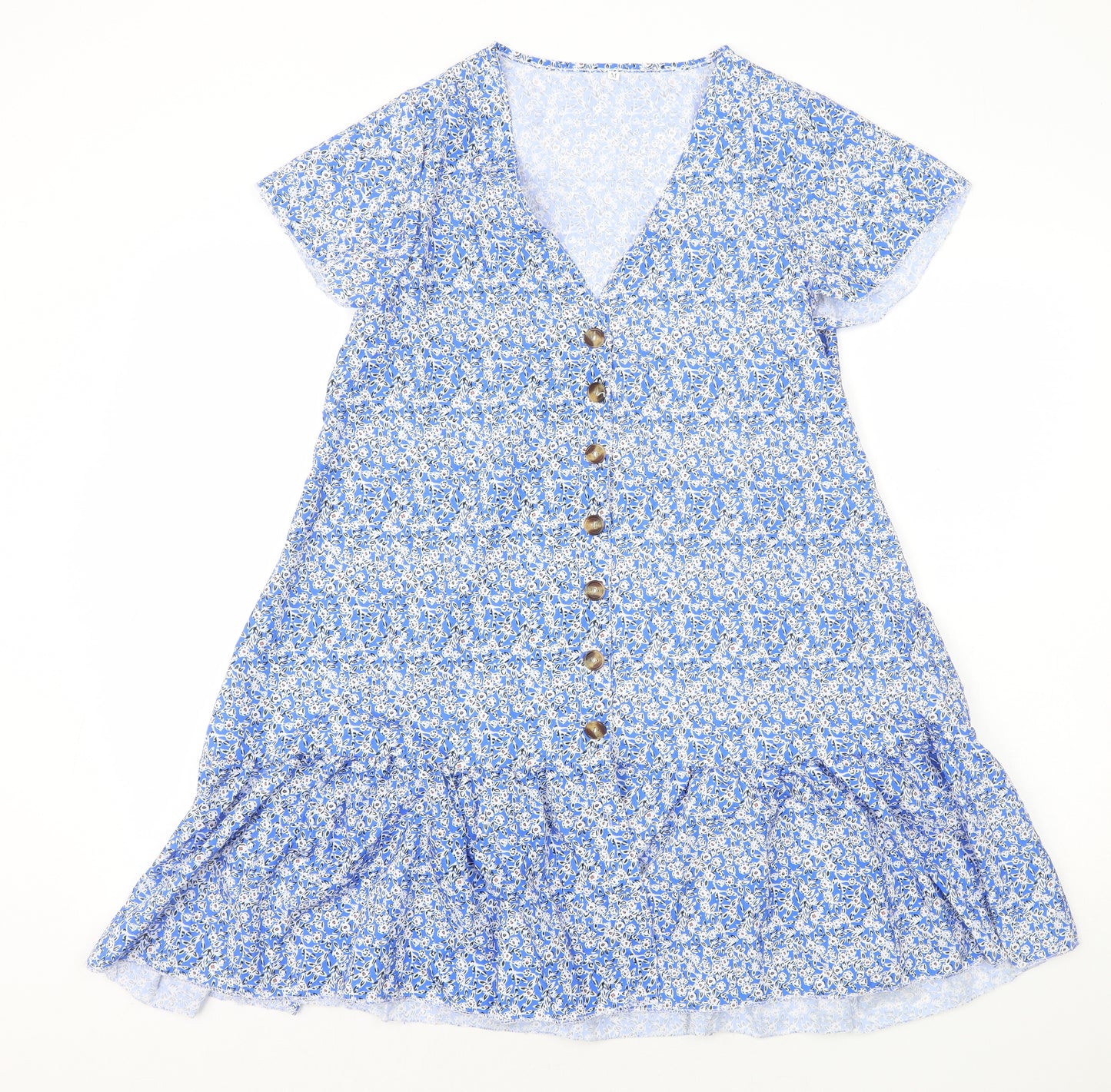Preworn Womens Blue Geometric Polyester A-Line Size M V-Neck Button