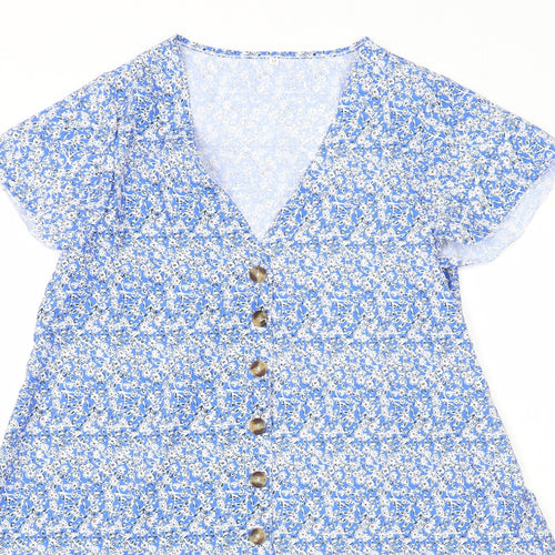 Preworn Womens Blue Geometric Polyester A-Line Size M V-Neck Button