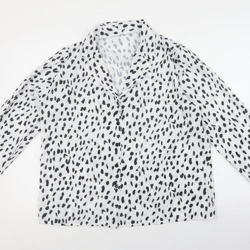 Preworn Womens White Animal Print Polyester Basic Blouse Size L Collared - Spotted