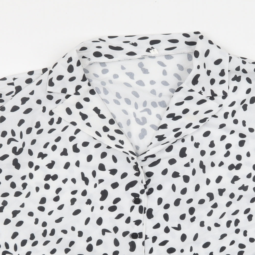 Preworn Womens White Animal Print Polyester Basic Blouse Size L Collared - Spotted